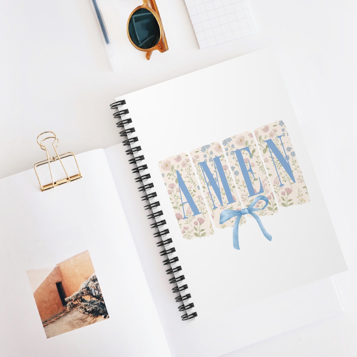 Amen Floral Notebook — Prayer Journal Spiral Notebook with Blue Ribbon