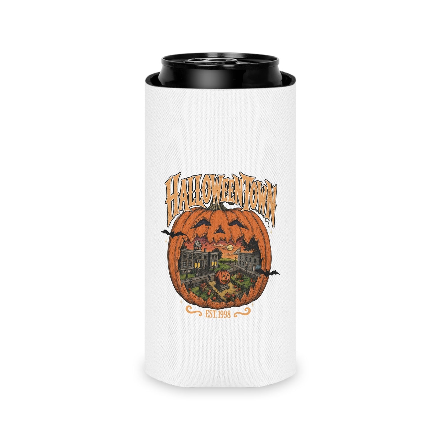 Halloween Town Can Cooler – Retro Pumpkin Village Beverage Koozie (Est. 1998)