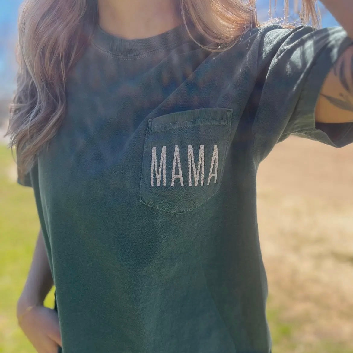 Embroidered Mama Pocket Tee (Blue Spruce)