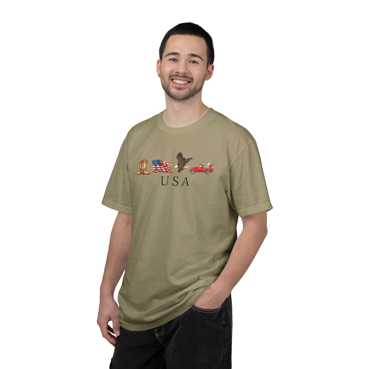 USA Americana Graphic T-Shirt — Boots, Flag, Eagle & Truck Design