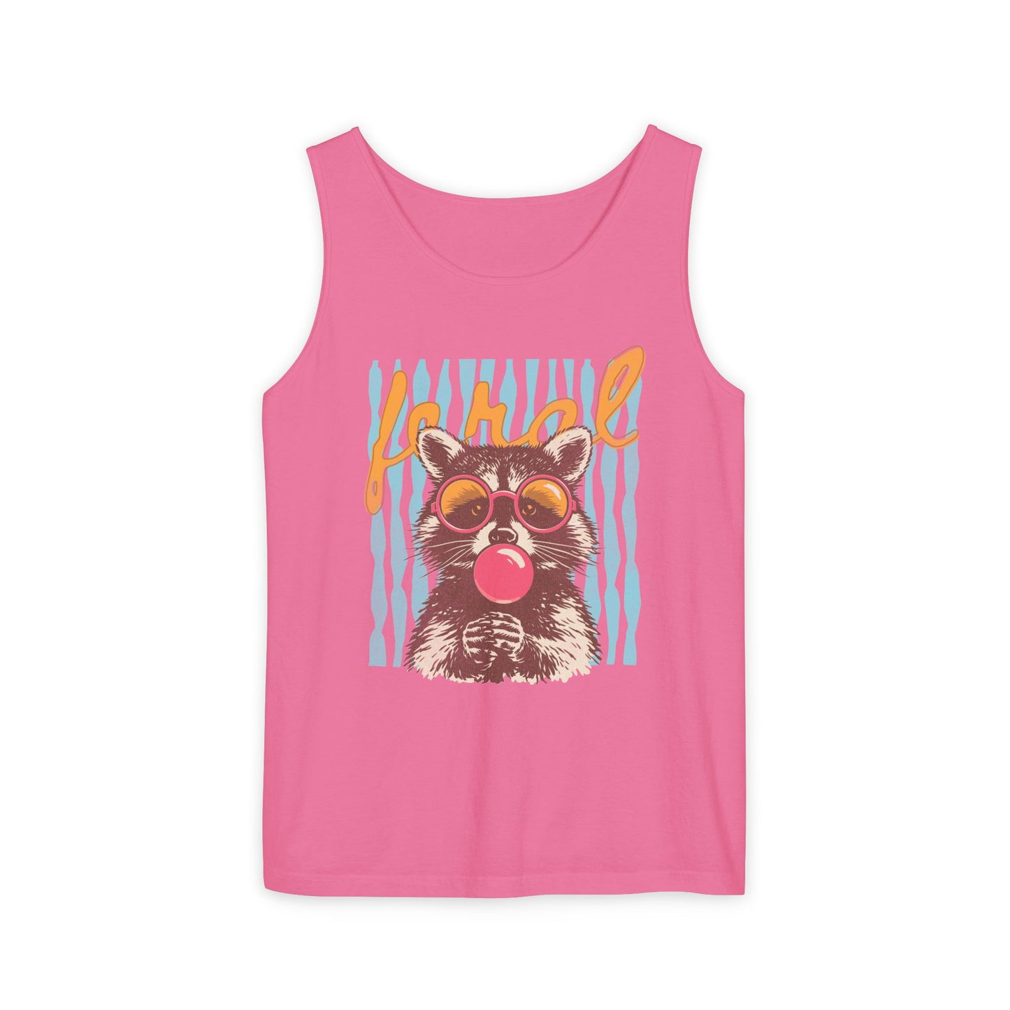 Raccoon Bubblegum Tank Top — Retro 'Hello' Graphic Summer Tee
