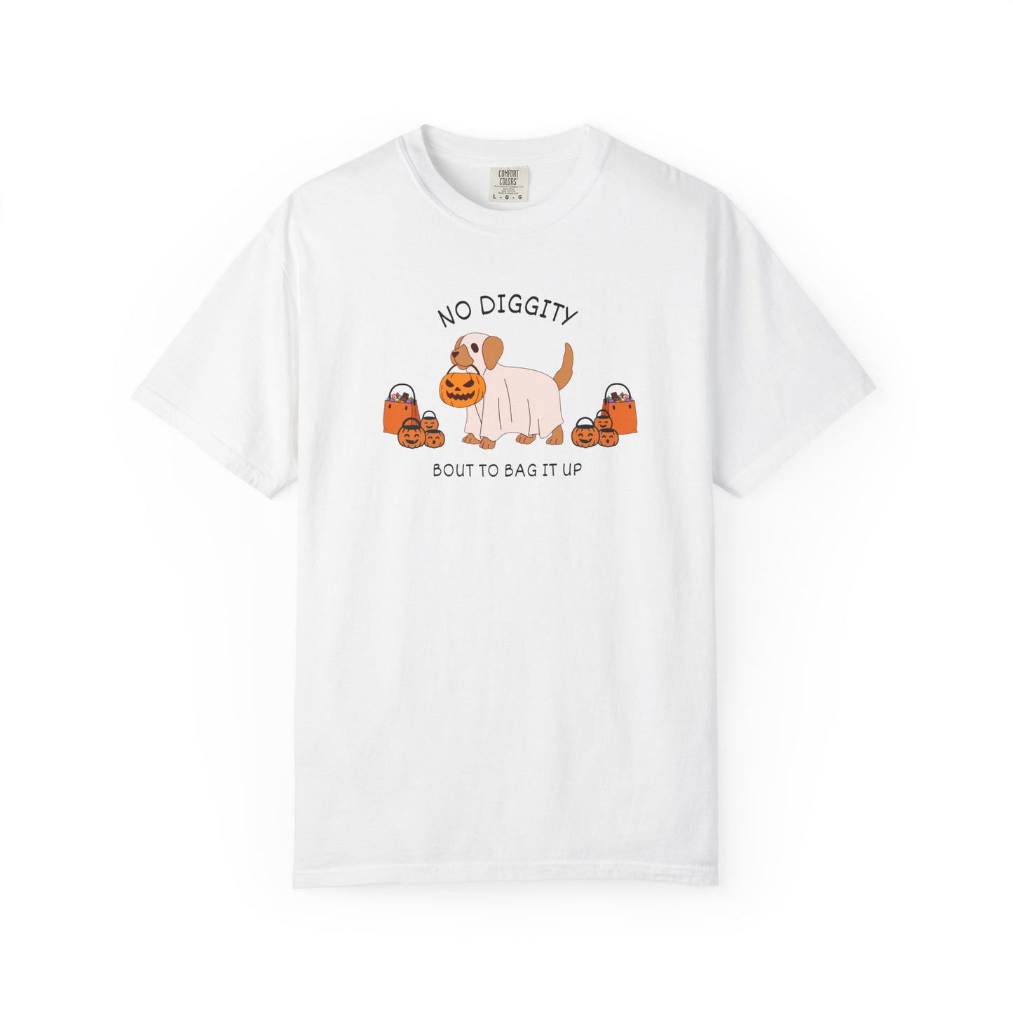 No Diggity Dog T-Shirt — Cute Puppy with Pumpkins "Bout to Bag It Up"