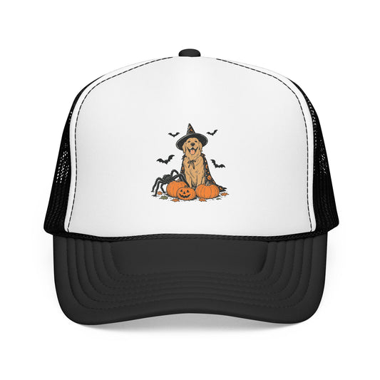 Dog Halloween Trucker Hat — Golden Retriever with Pumpkins & Bats