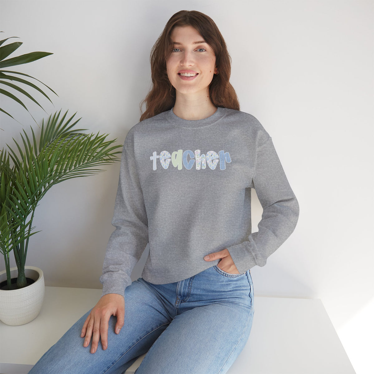 Teacher Floral Crewneck Sweatshirt — Pastel Heart & Flower Teacher Gift
