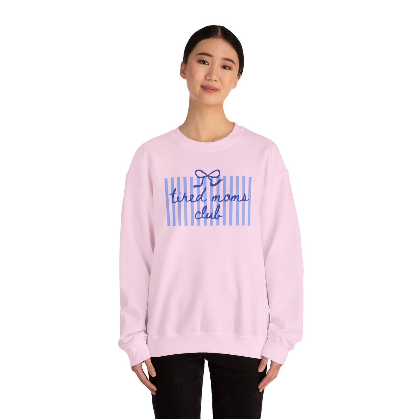 Crewneck Sweatshirt — "Tired Moms Club" Blue Striped Cozy Pullover