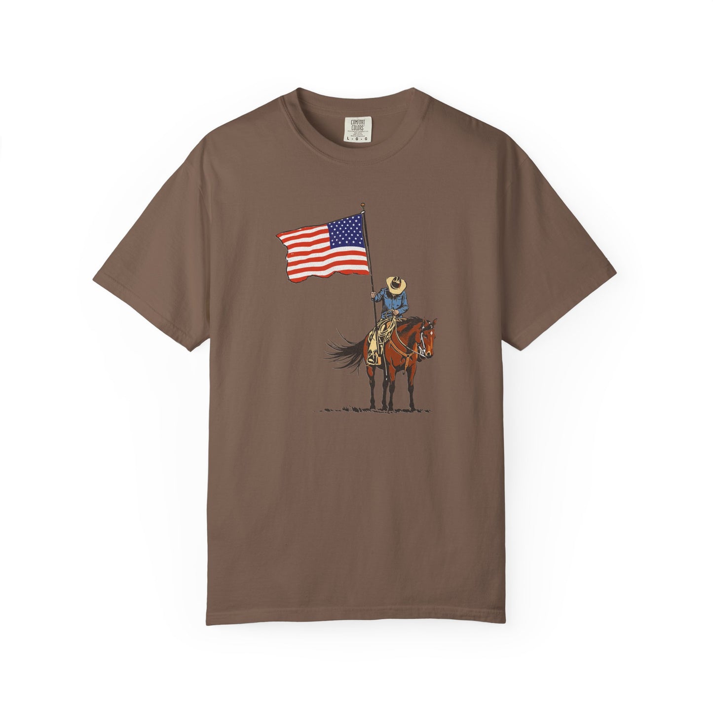 Patriotic Cowboy on Horse T-Shirt – American Flag Western Tee
