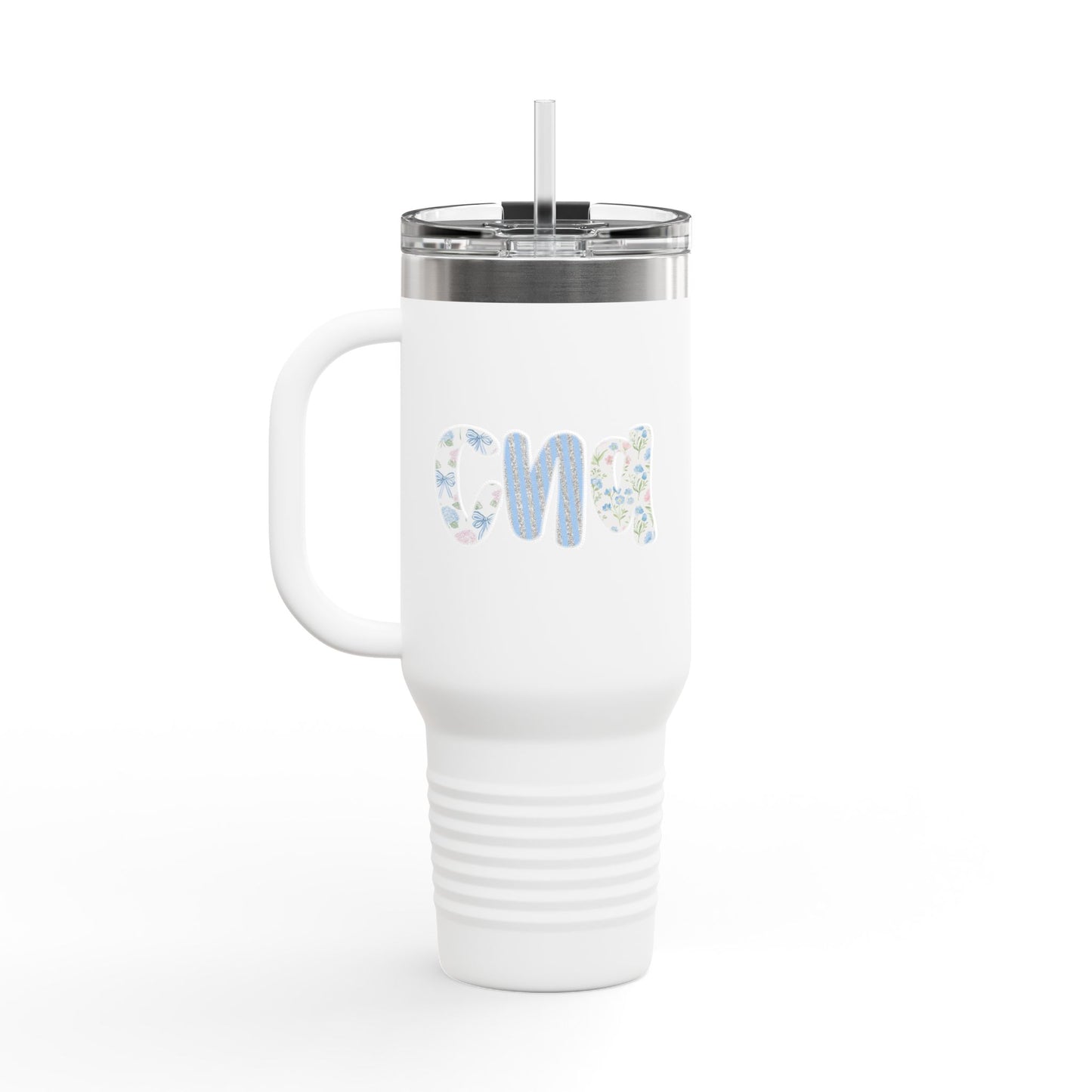40oz Insulated Travel Mug — Floral Monogram 'CNA' Tumbler with Handle (Keeps Drinks Hot & Cold)