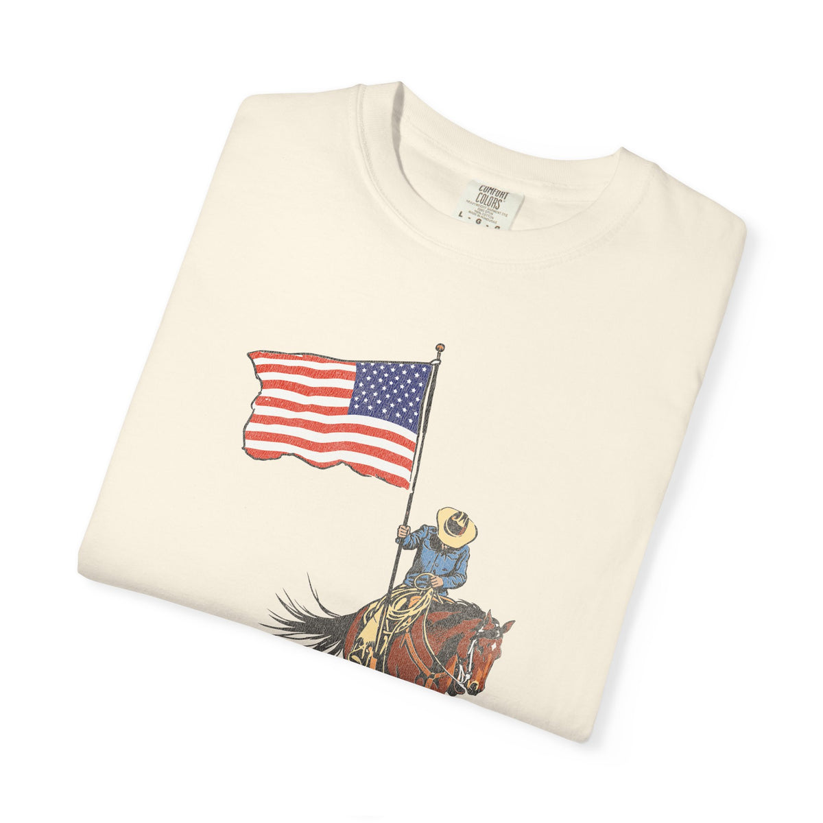 Patriotic Cowboy on Horse T-Shirt – American Flag Western Tee