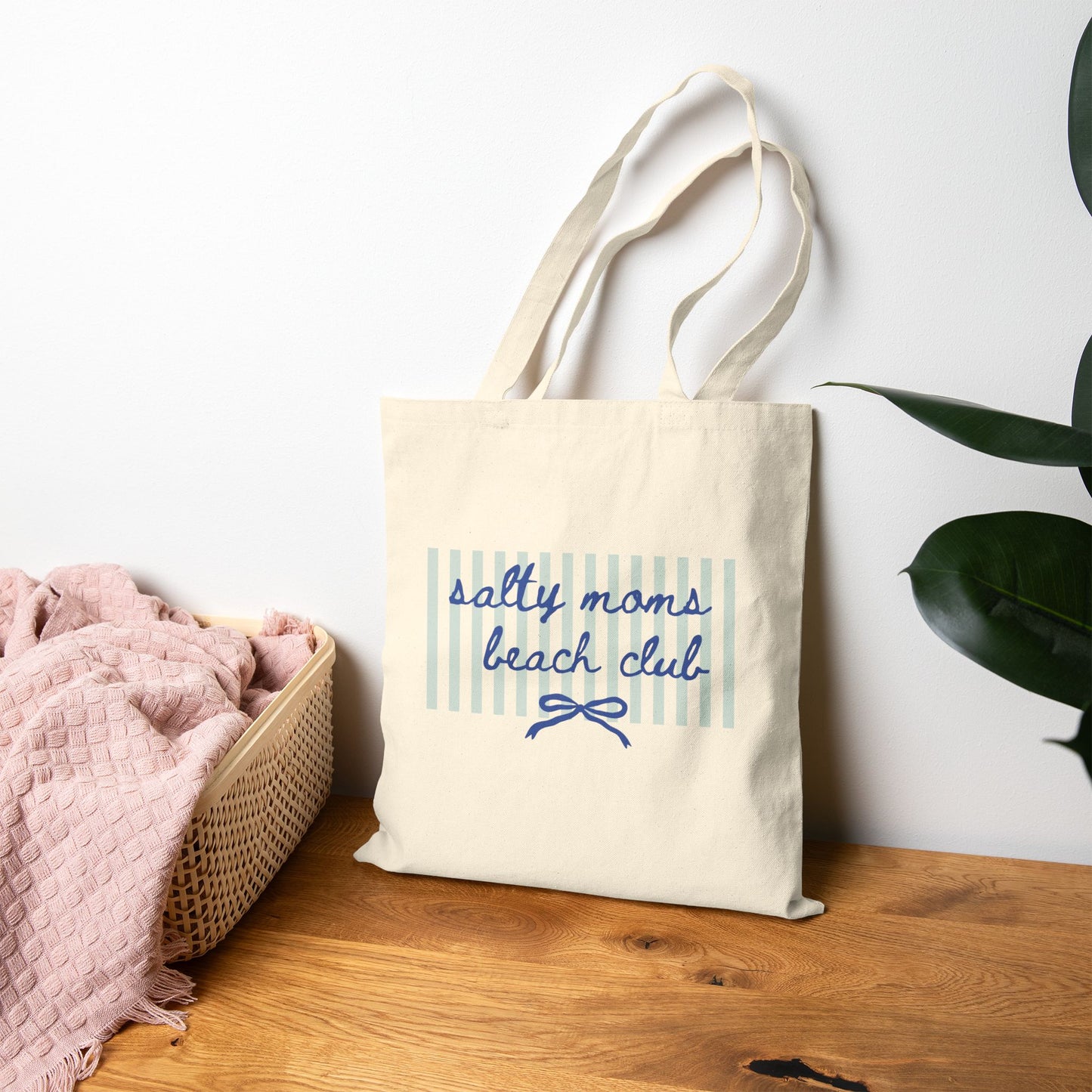 Salty Moms Beach Club Canvas Tote — Nautical Striped Eco Market Bag