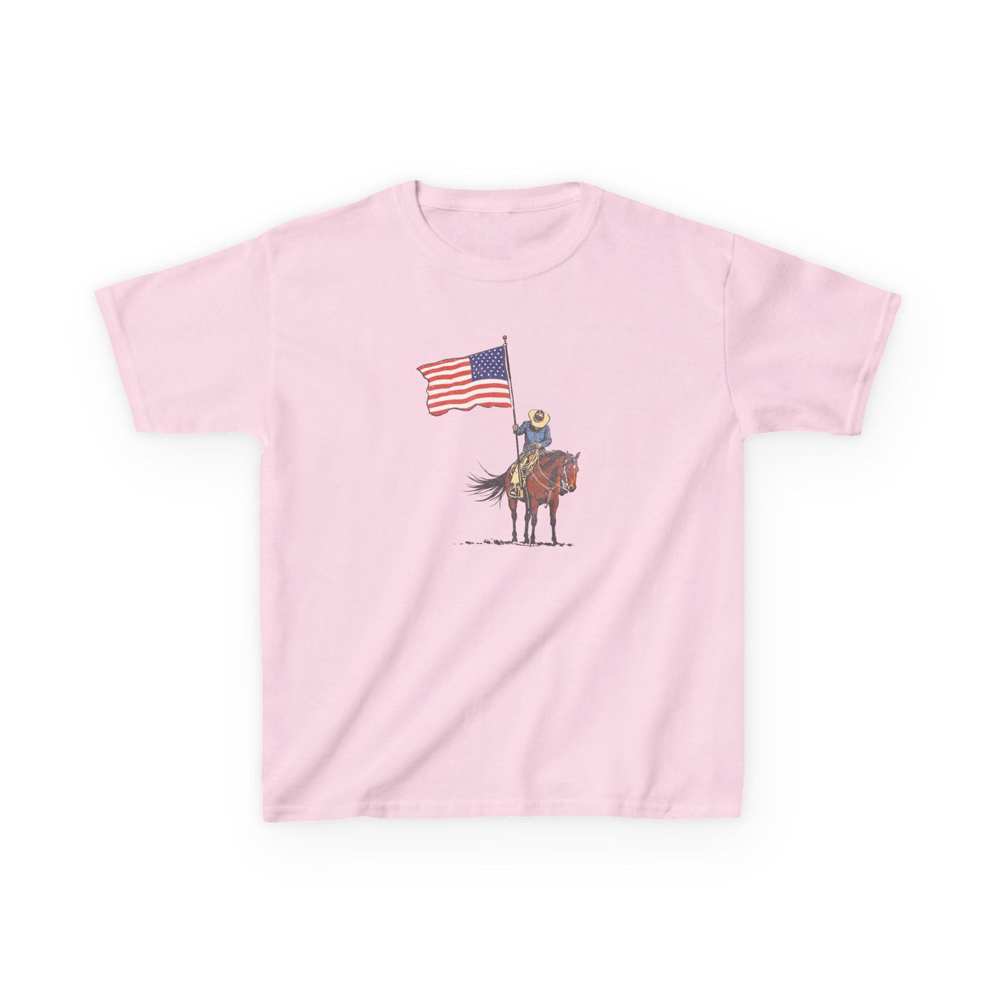 Kids Tee — Cowboy on Horse Holding American Flag (Patriotic Western Shirt)