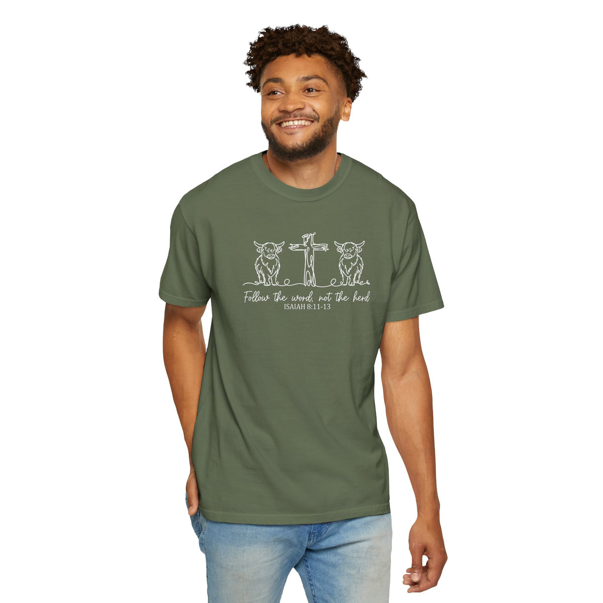Christian Cross & Cow T-Shirt — "Follow the Word, Not the Herd" Graphic Tee