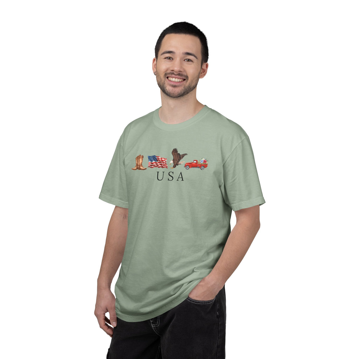 USA Americana Graphic T-Shirt — Boots, Flag, Eagle & Truck Design