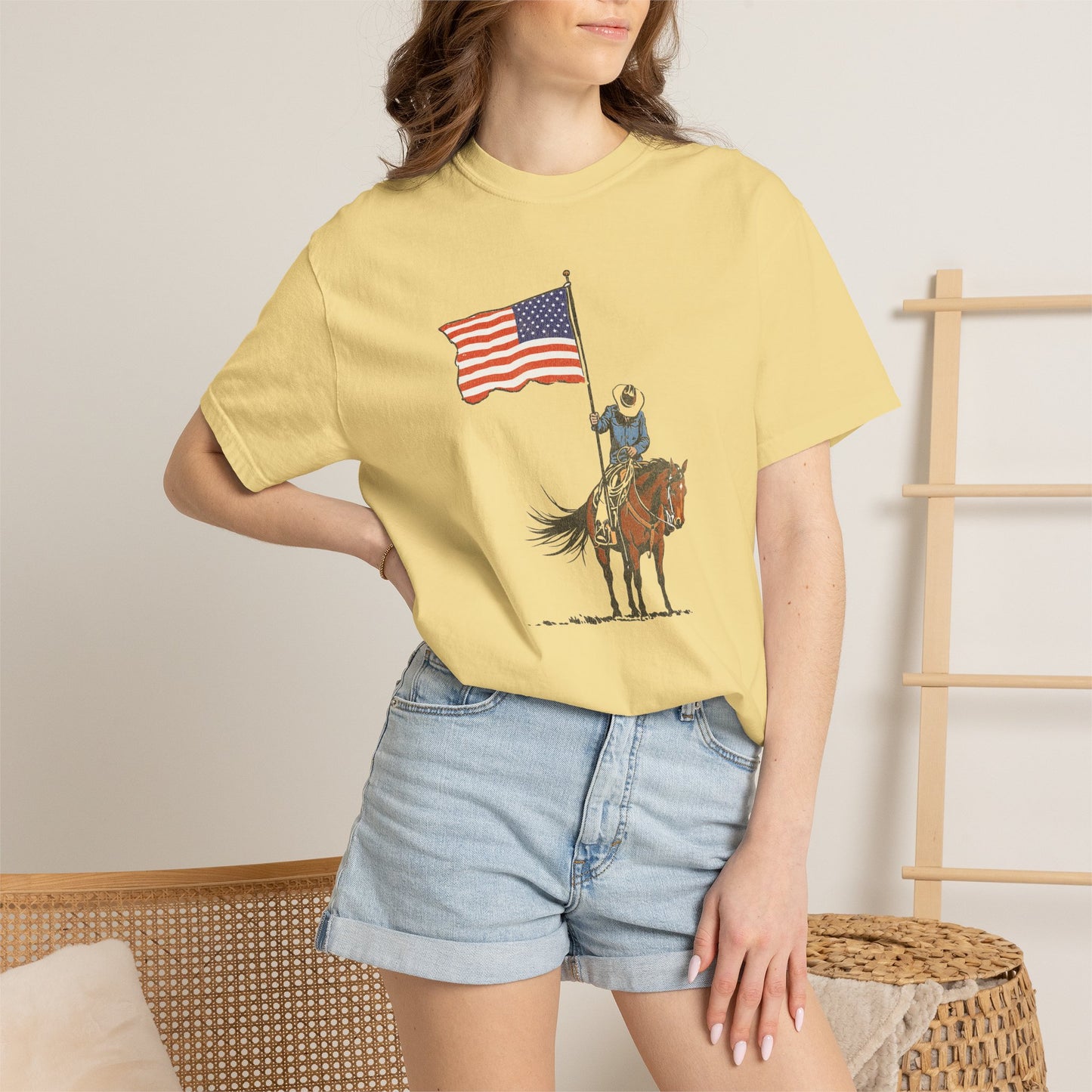 Patriotic Cowboy on Horse T-Shirt – American Flag Western Tee