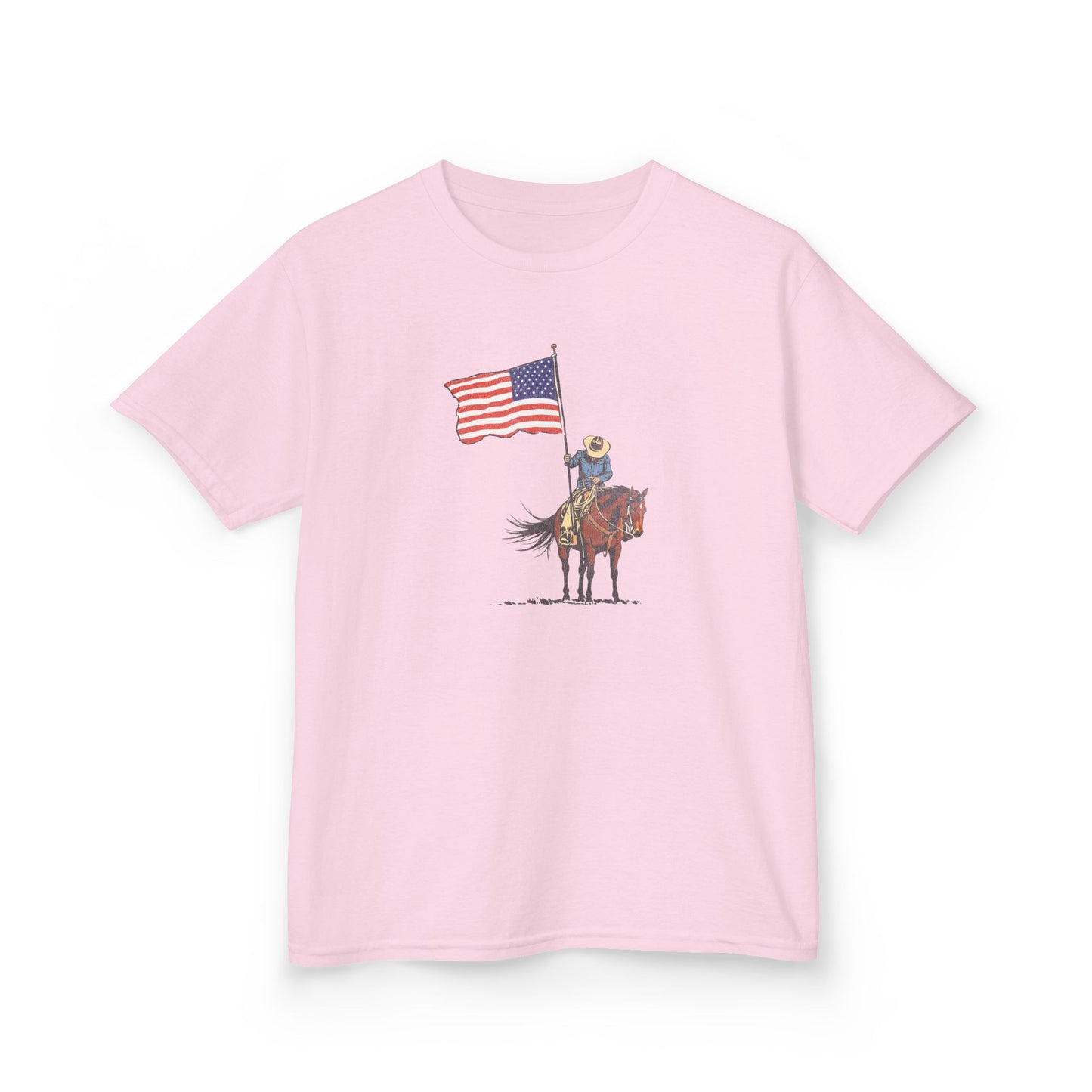 Kids Tee — Cowboy on Horse Holding American Flag (Patriotic Western Shirt)