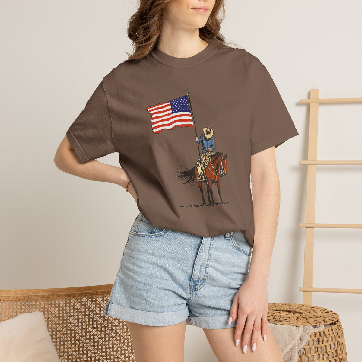 Patriotic Cowboy on Horse T-Shirt – American Flag Western Tee