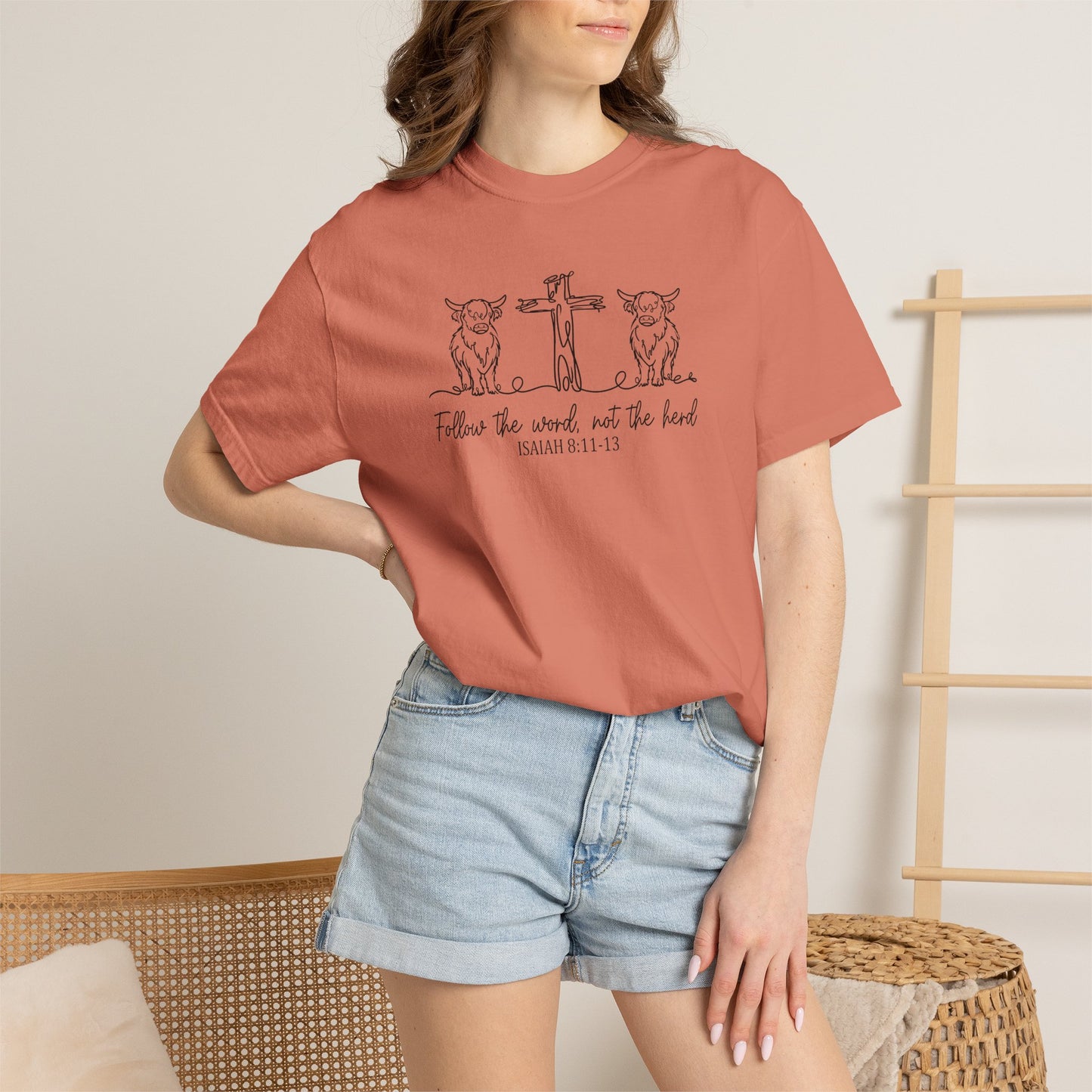 Christian Cross & Cow T-Shirt — "Follow the Word, Not the Herd" Graphic Tee