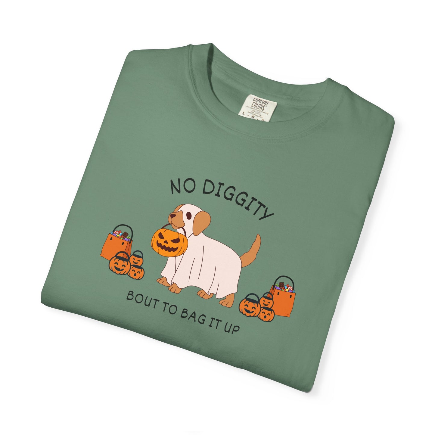 No Diggity Dog T-Shirt — Cute Puppy with Pumpkins "Bout to Bag It Up"