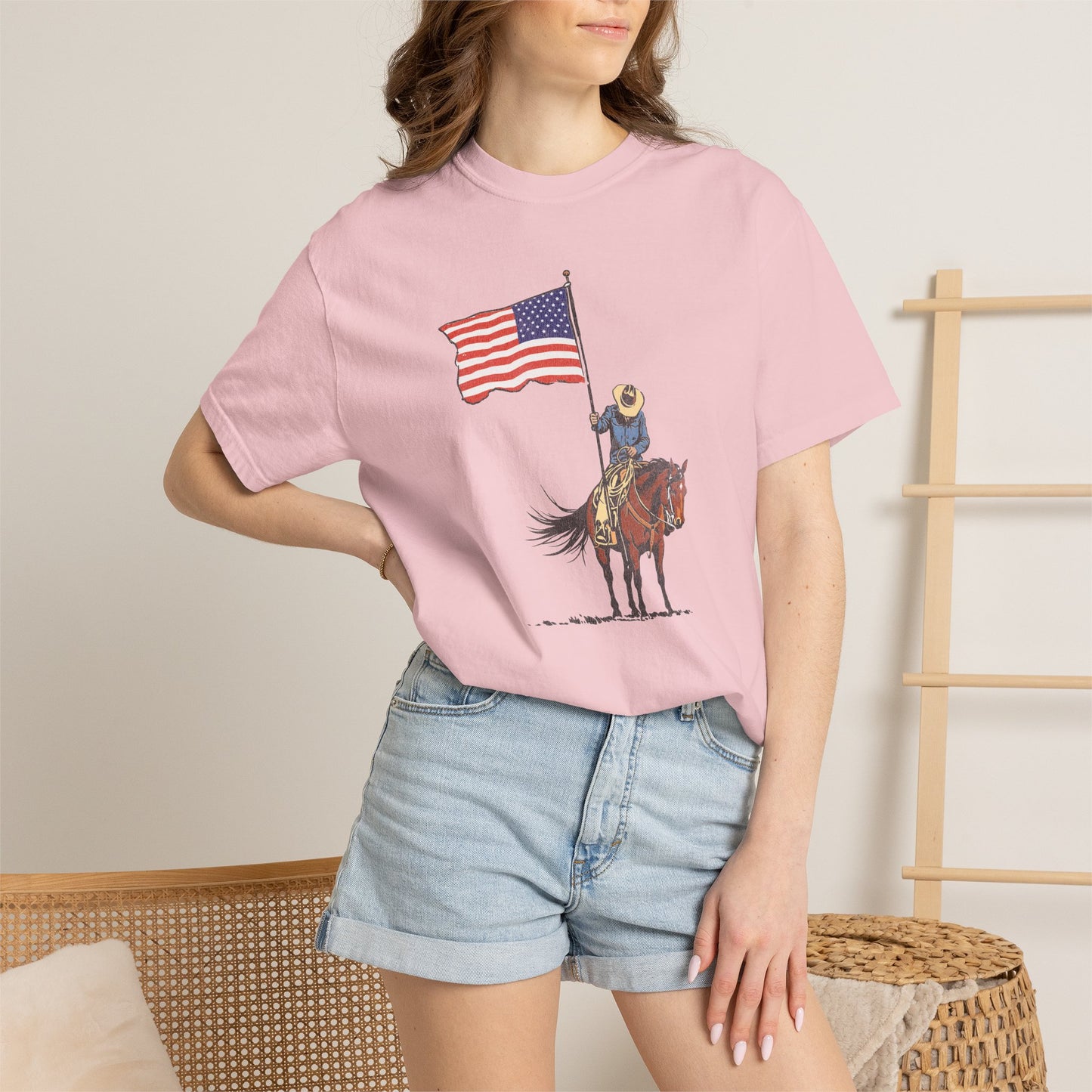Patriotic Cowboy on Horse T-Shirt – American Flag Western Tee