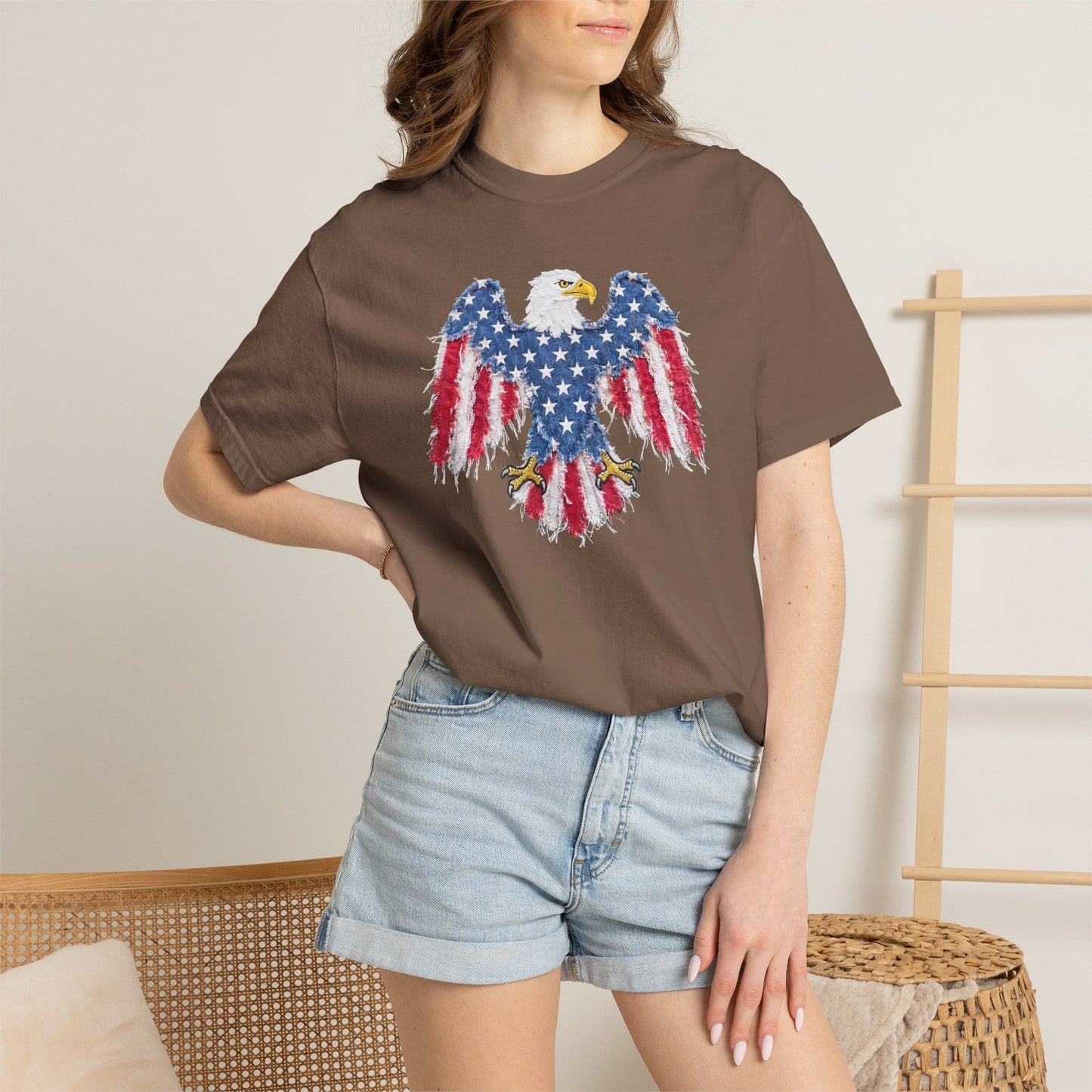 Patriotic Eagle Print T-Shirt — Distressed American Flag Graphic