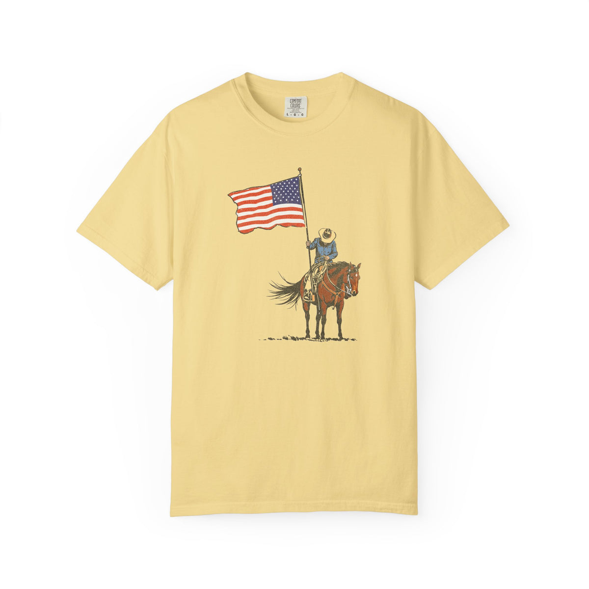 Patriotic Cowboy on Horse T-Shirt – American Flag Western Tee