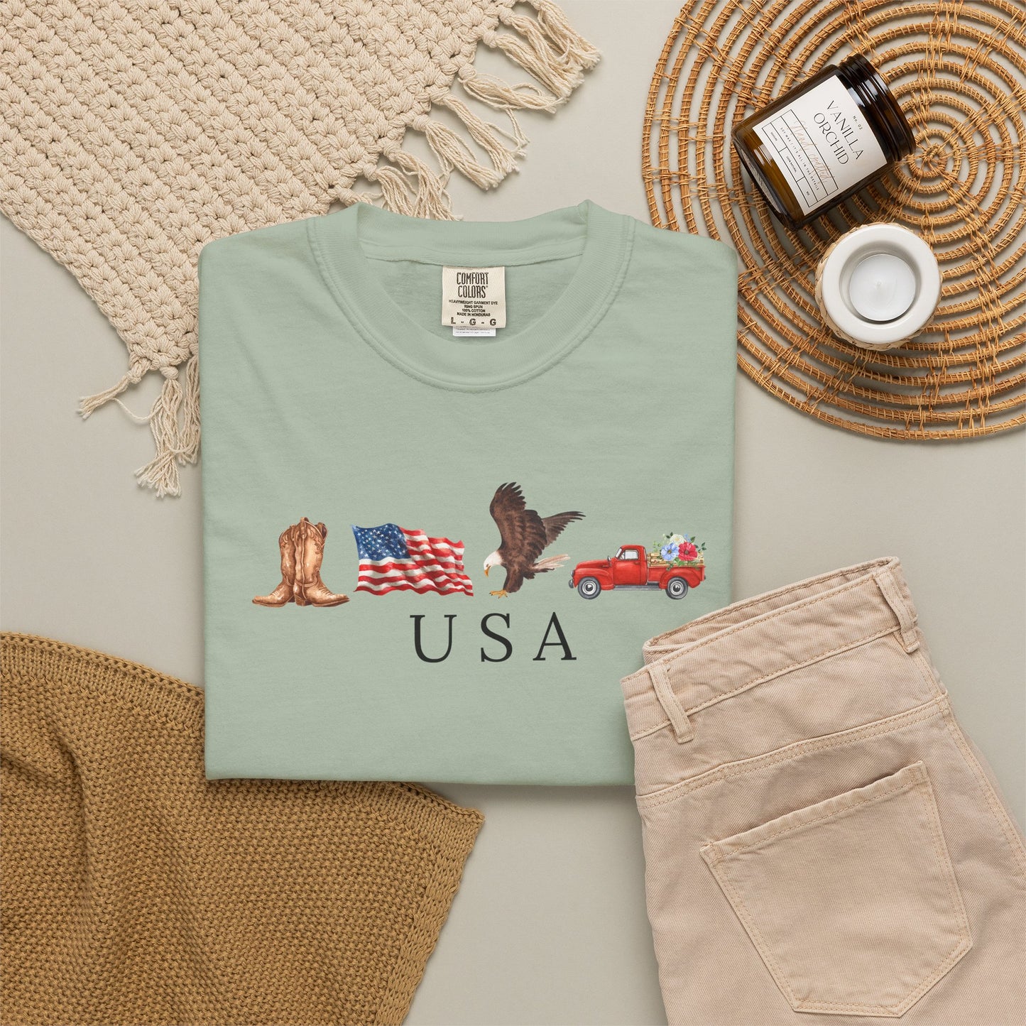 USA Americana Graphic T-Shirt — Boots, Flag, Eagle & Truck Design