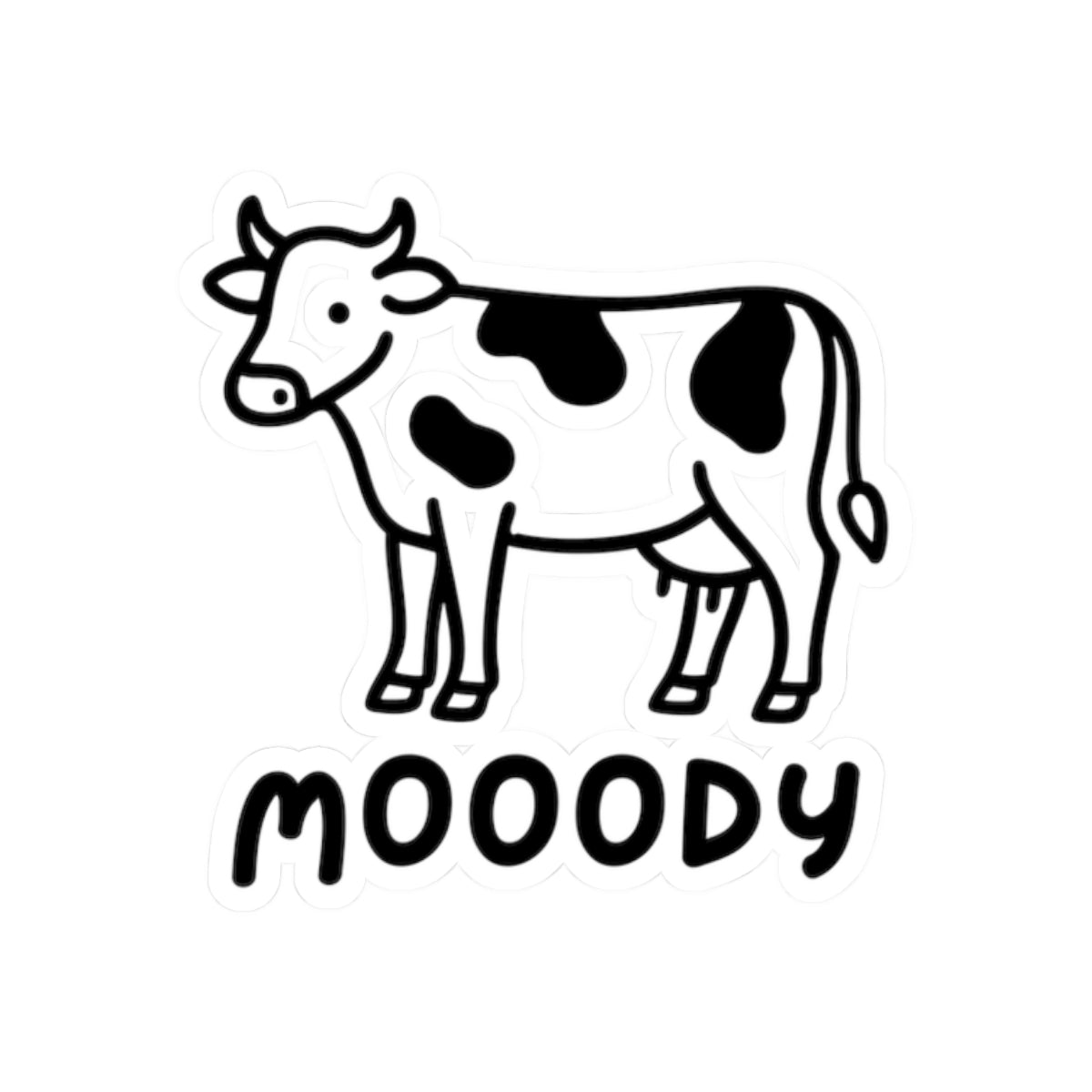 Moody Cow Cowpens Kiss-Cut Sticker — Cute Black & White Farm Animal Decal