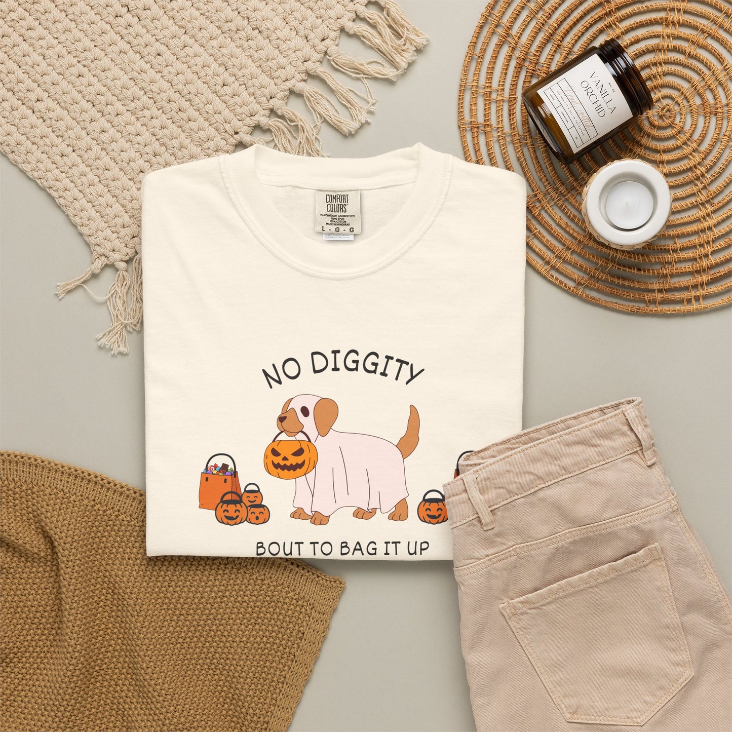 No Diggity Dog T-Shirt — Cute Puppy with Pumpkins "Bout to Bag It Up"