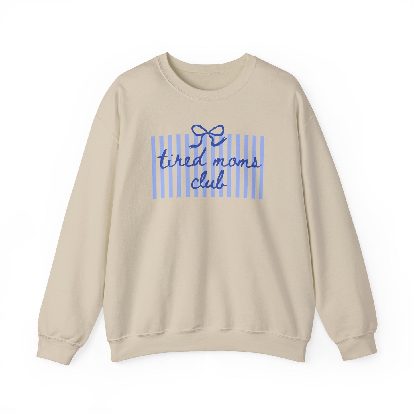 Crewneck Sweatshirt — "Tired Moms Club" Blue Striped Cozy Pullover