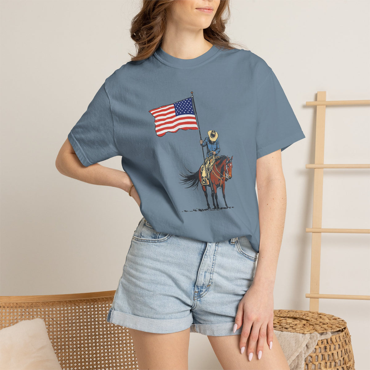 Patriotic Cowboy on Horse T-Shirt – American Flag Western Tee