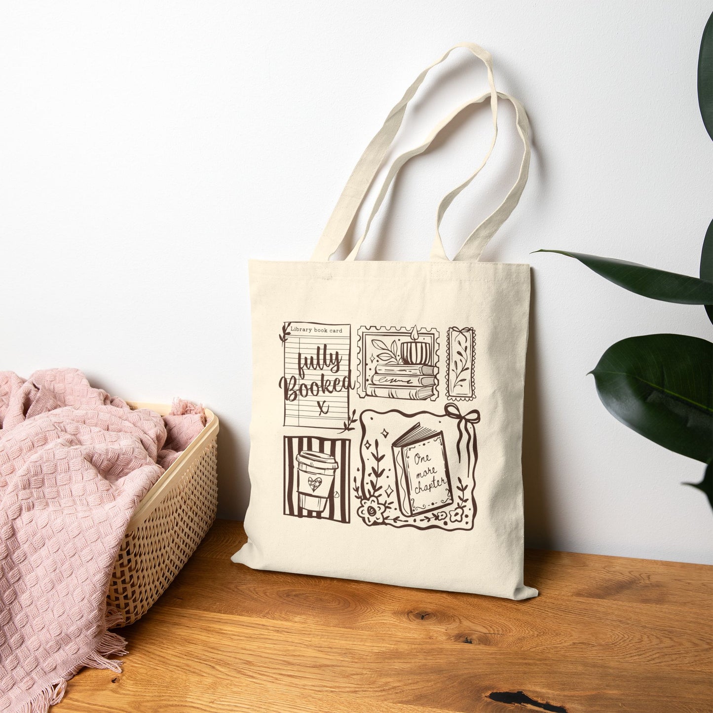 Tote Bag — 'Fully Booked' Library Illustrated Book Lover Canvas Tote