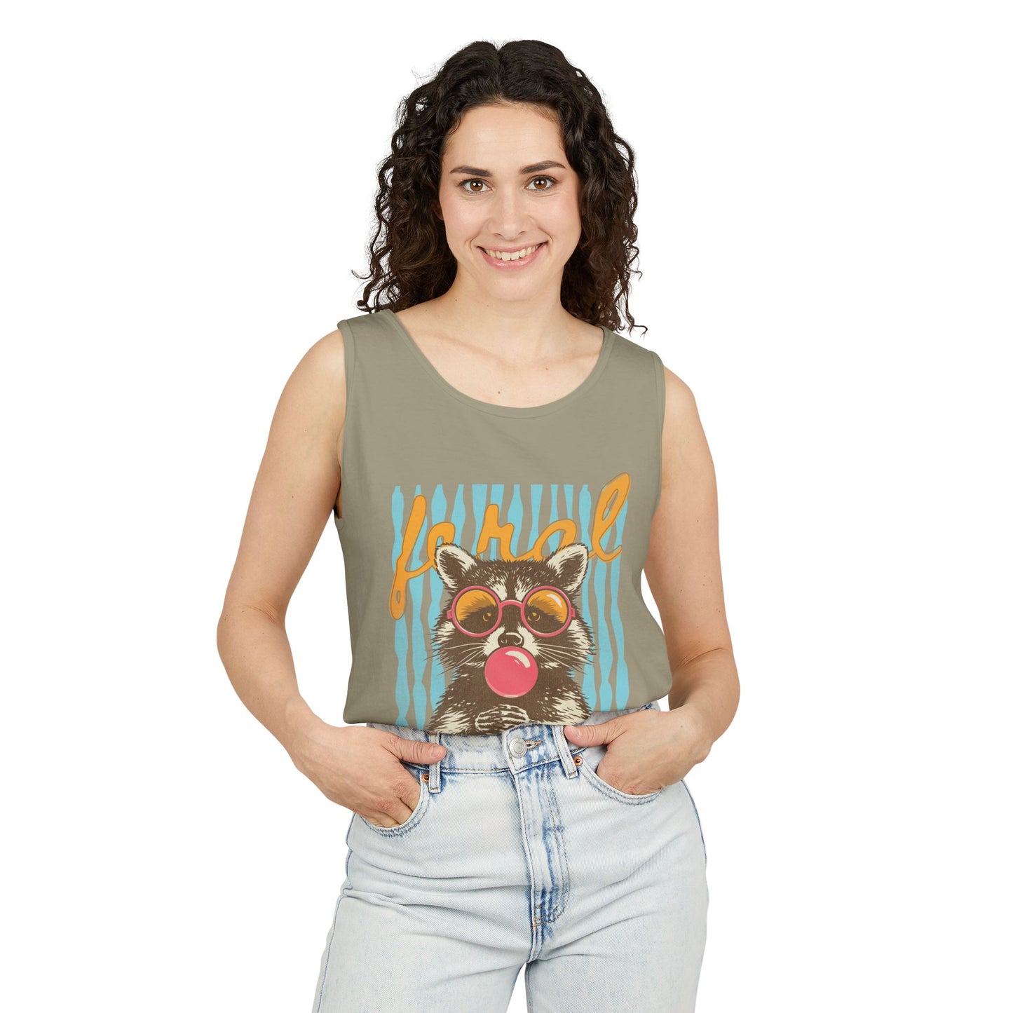 Raccoon Bubblegum Tank Top — Retro 'Hello' Graphic Summer Tee