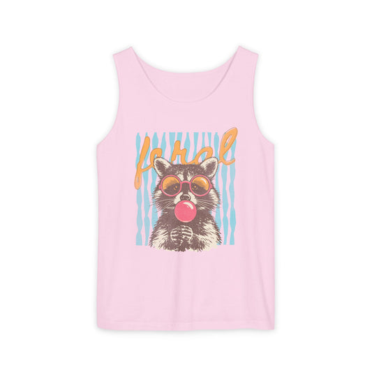 Raccoon Bubblegum Tank Top — Retro 'Hello' Graphic Summer Tee