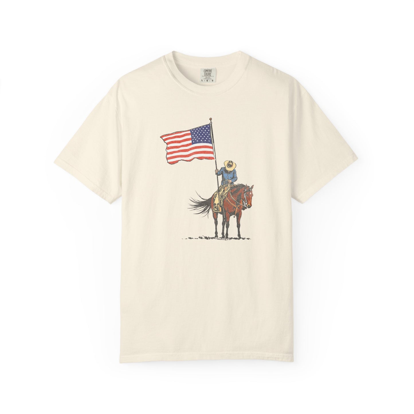 Patriotic Cowboy on Horse T-Shirt – American Flag Western Tee