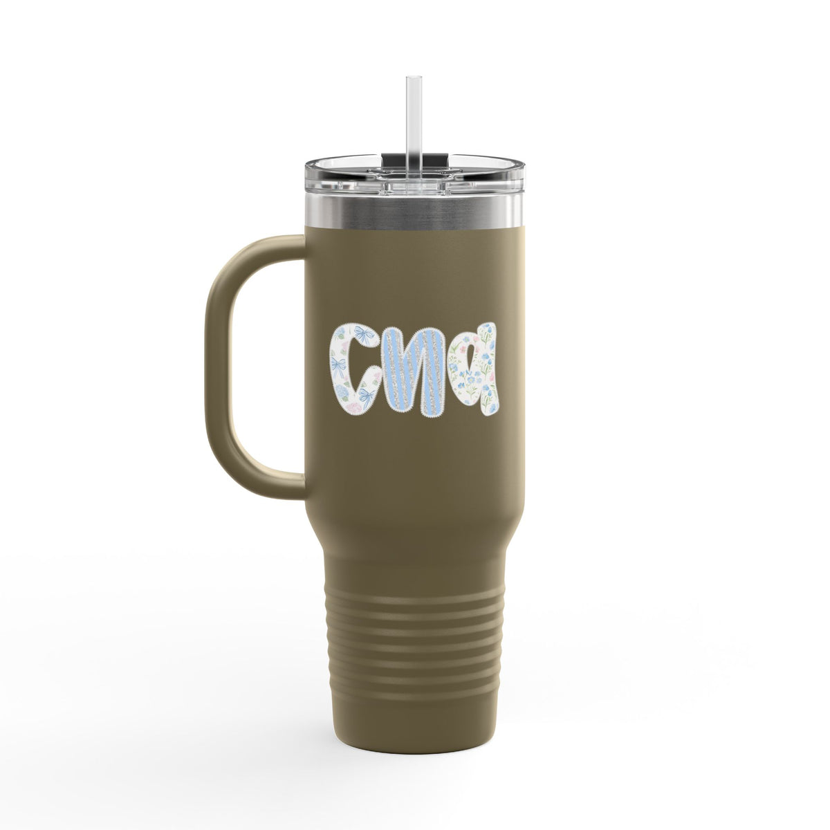 40oz Insulated Travel Mug — Floral Monogram 'CNA' Tumbler with Handle (Keeps Drinks Hot & Cold)