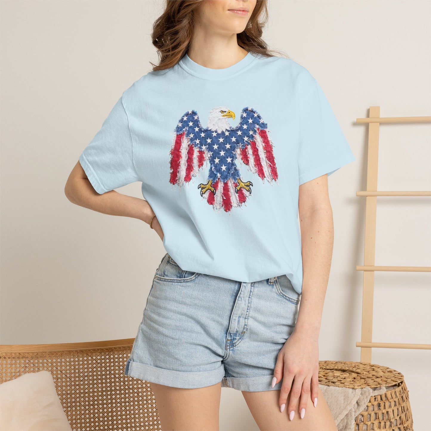 Patriotic Eagle Print T-Shirt — Distressed American Flag Graphic