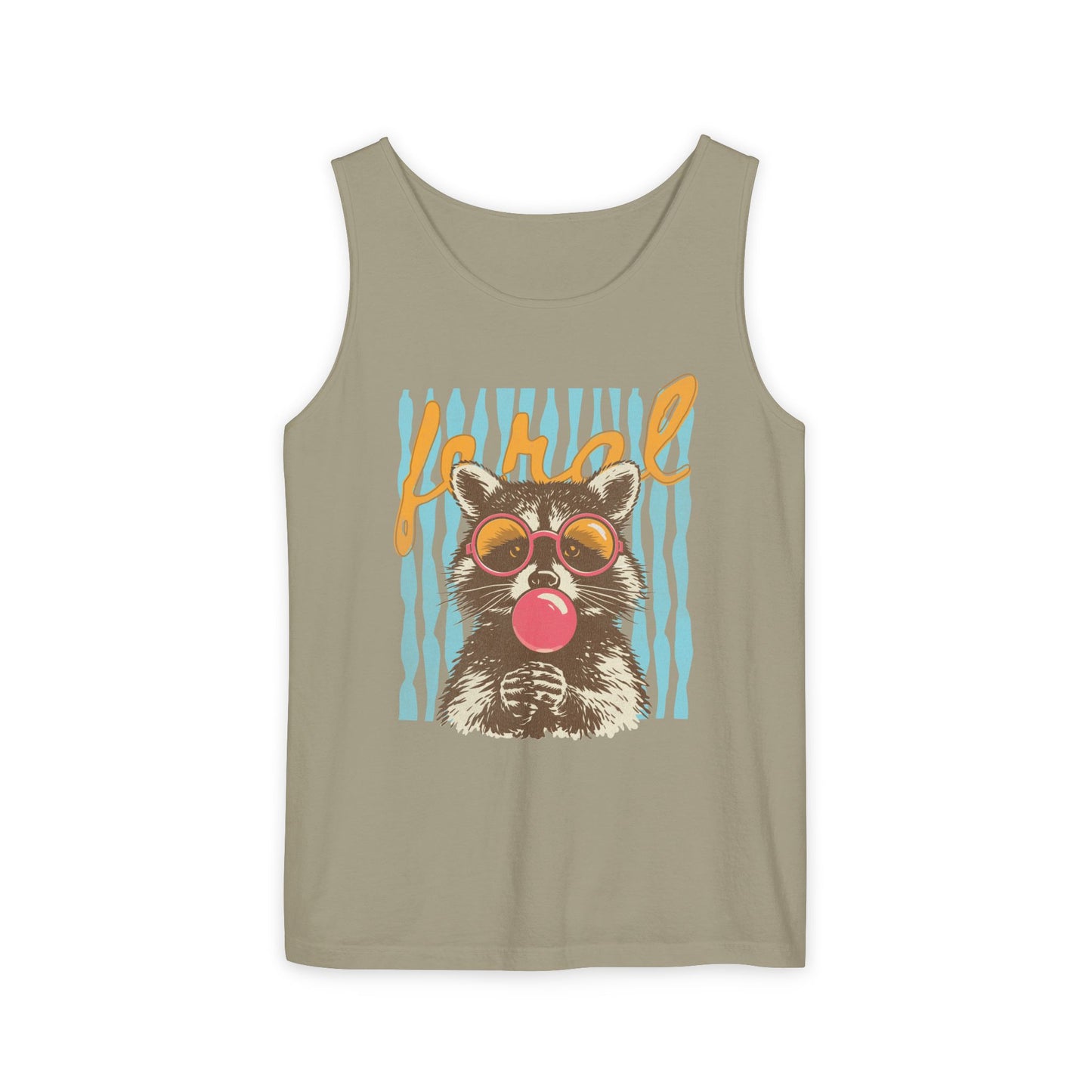 Raccoon Bubblegum Tank Top — Retro 'Hello' Graphic Summer Tee
