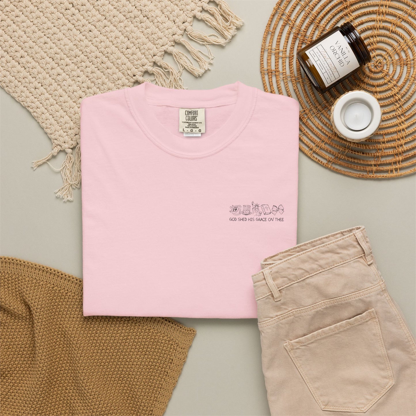 "God Shed His Grace on Thee" Chest Embroidered Script Minimalist T‑Shirt — Subtle Pocket Text Design