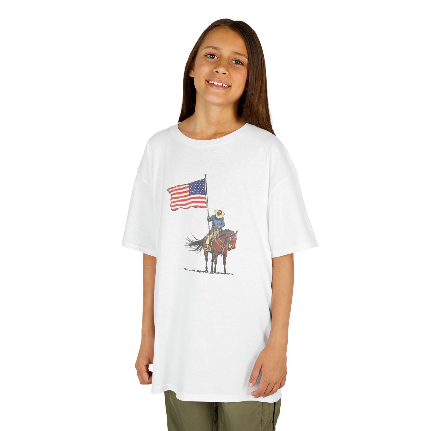 Kids Tee — Cowboy on Horse Holding American Flag (Patriotic Western Shirt)
