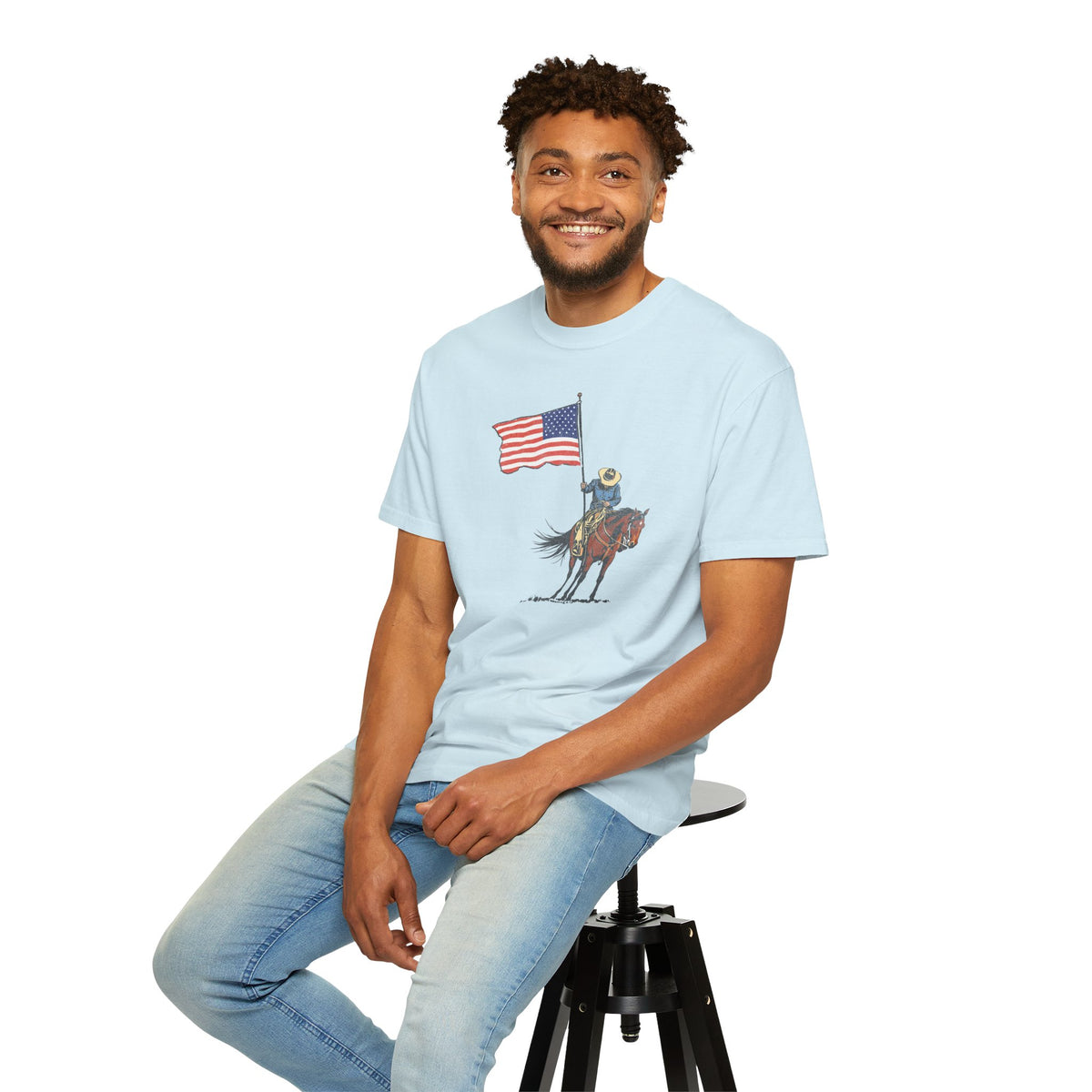 Patriotic Cowboy on Horse T-Shirt – American Flag Western Tee