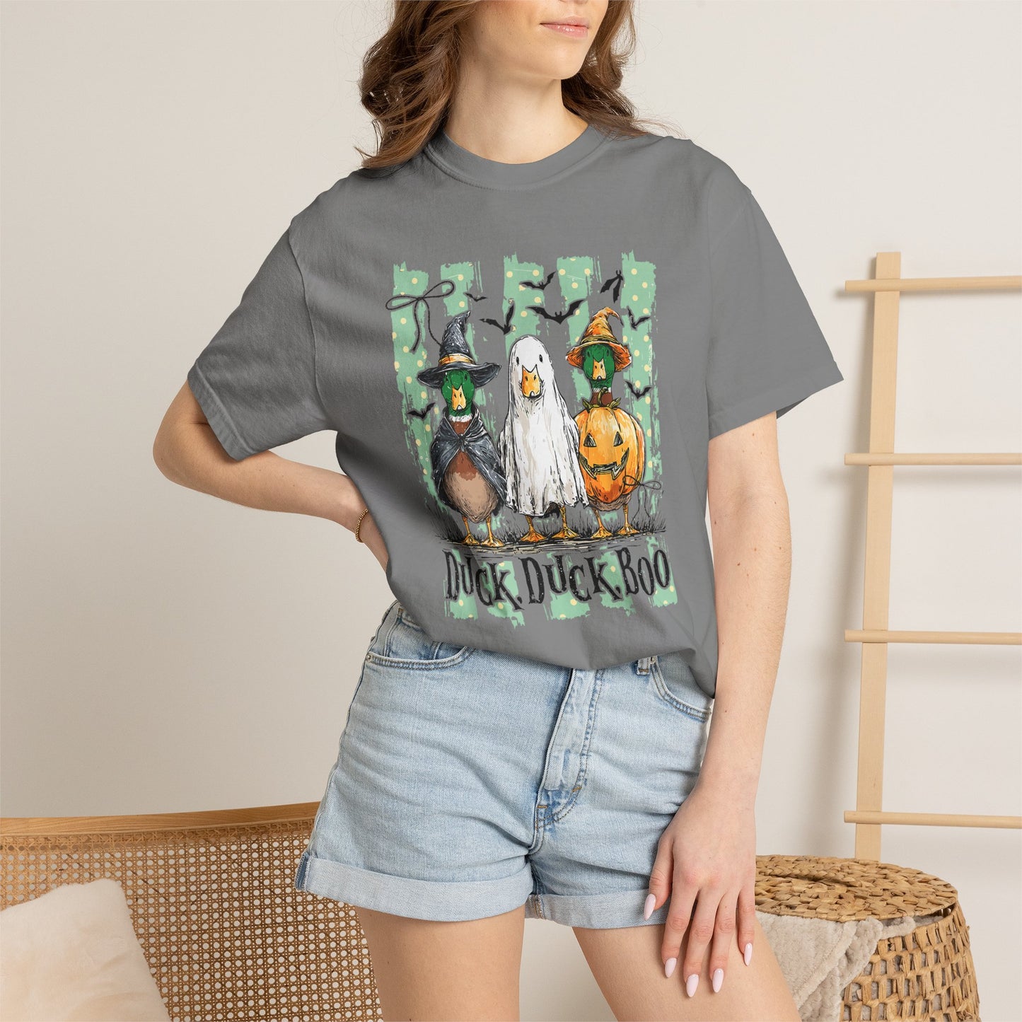 Duck Duck Boo Halloween T‑Shirt — Cute Witch & Pumpkin Ducks Graphic Tee