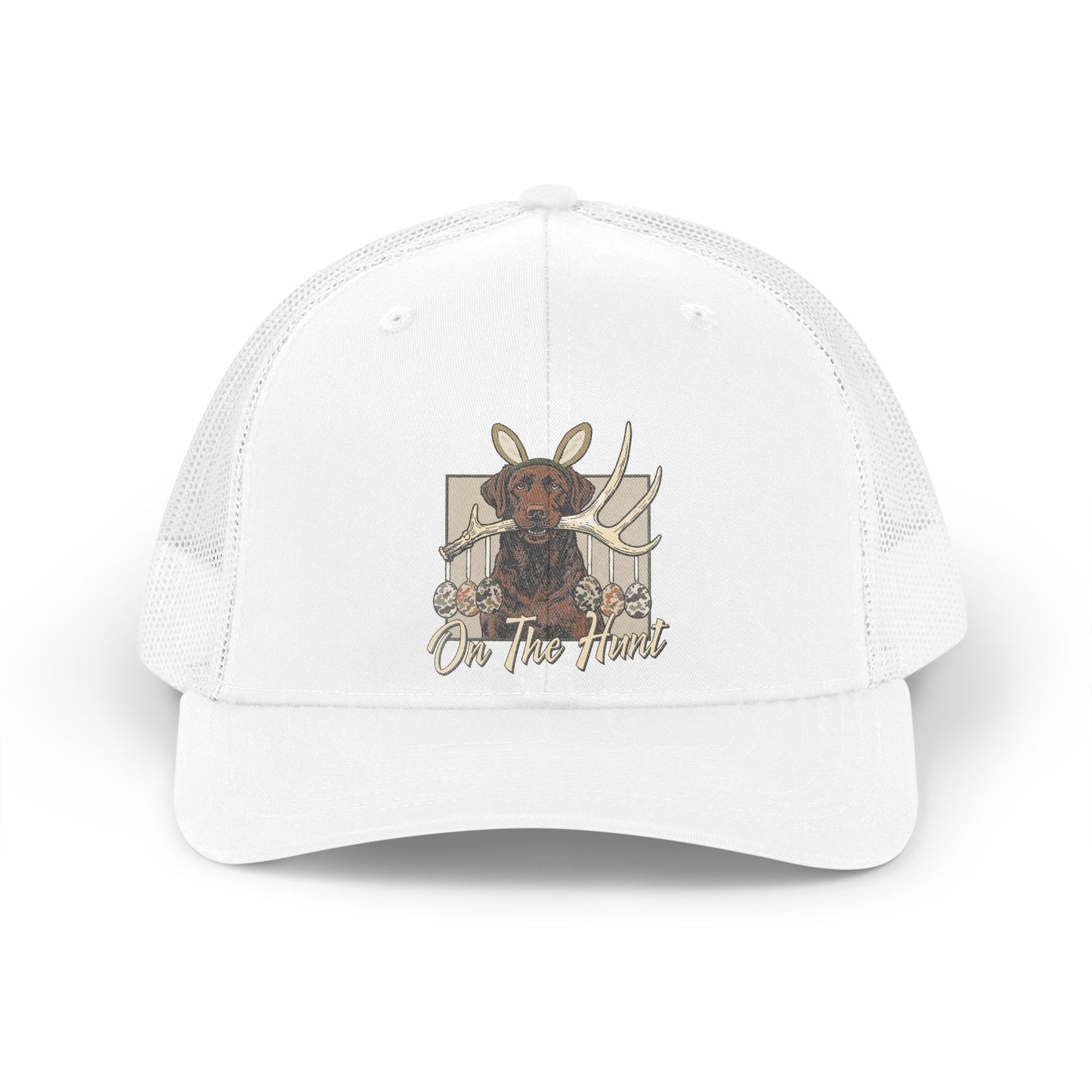 Landon's Retro Hunting Trucker Hat — "On The Hunt" Dog & Antlers Mesh Cap