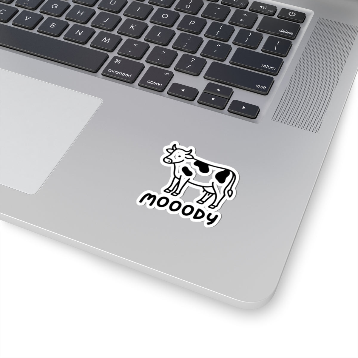 Moody Cow Cowpens Kiss-Cut Sticker — Cute Black & White Farm Animal Decal