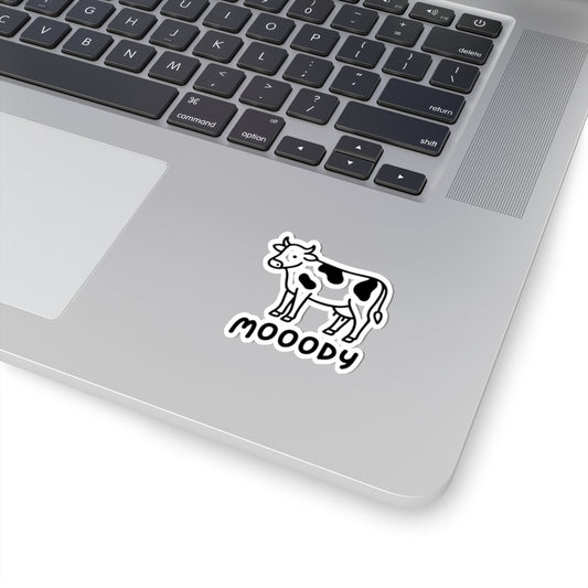 Moody Cow Cowpens Kiss-Cut Sticker — Cute Black & White Farm Animal Decal