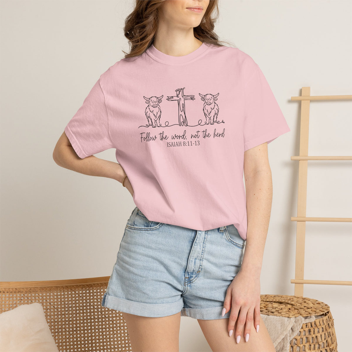 Christian Cross & Cow T-Shirt — "Follow the Word, Not the Herd" Graphic Tee