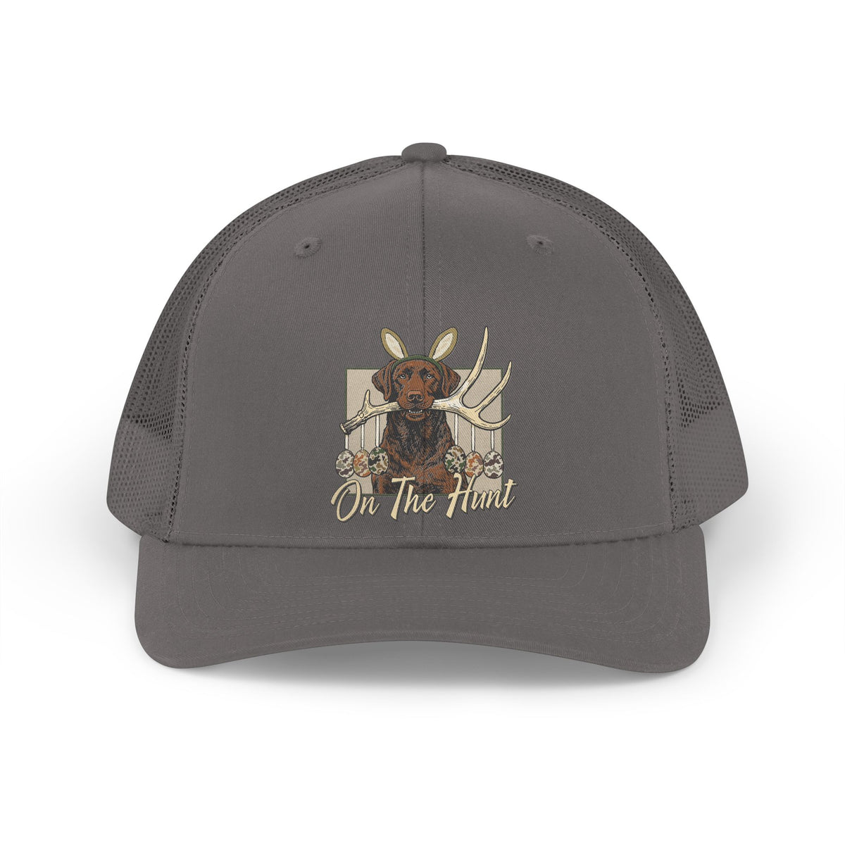 Landon's Retro Hunting Trucker Hat — "On The Hunt" Dog & Antlers Mesh Cap
