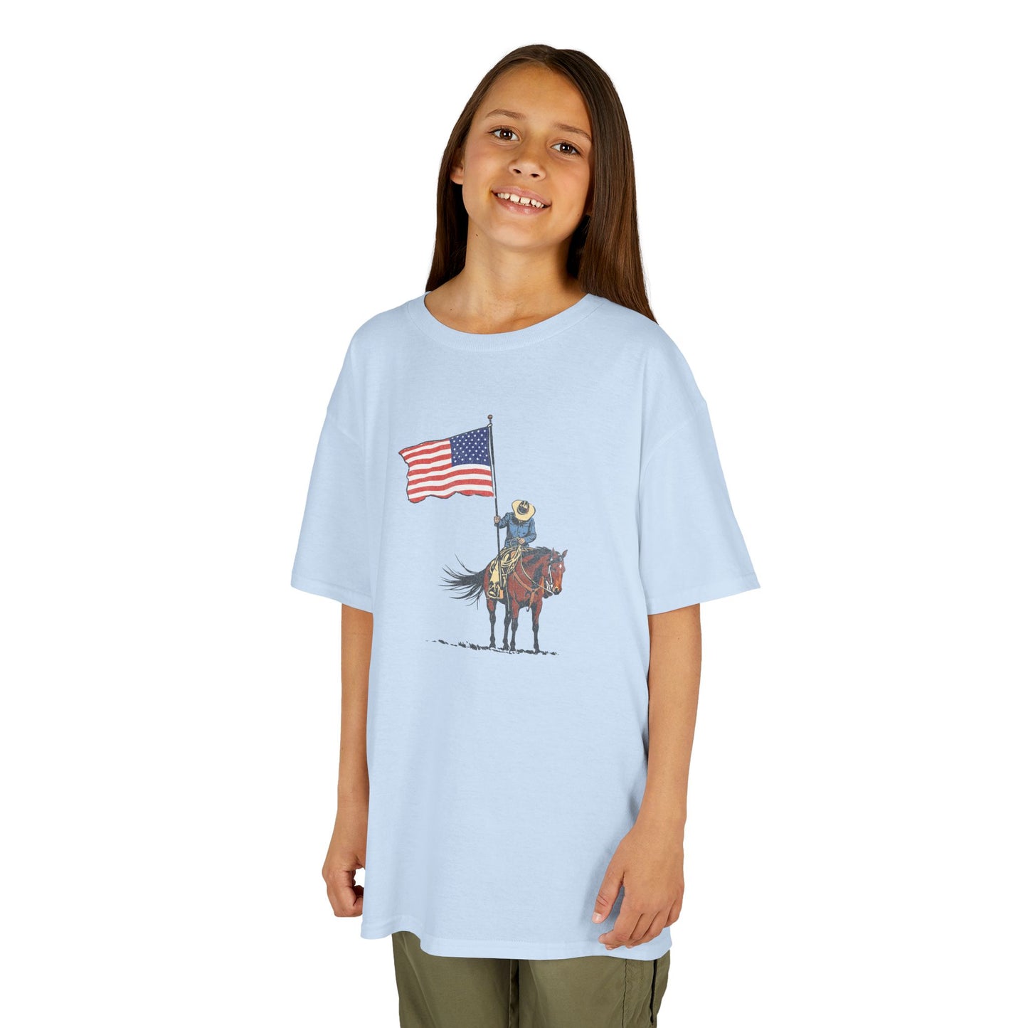 Kids Tee — Cowboy on Horse Holding American Flag (Patriotic Western Shirt)