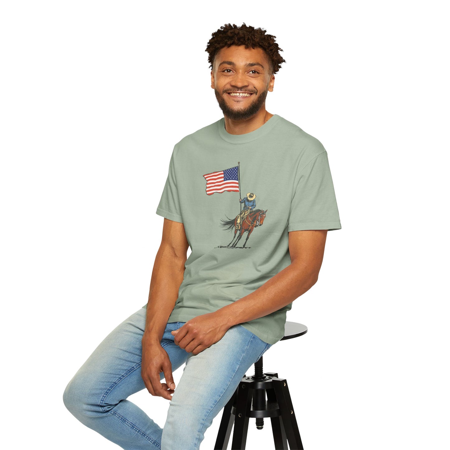 Patriotic Cowboy on Horse T-Shirt – American Flag Western Tee