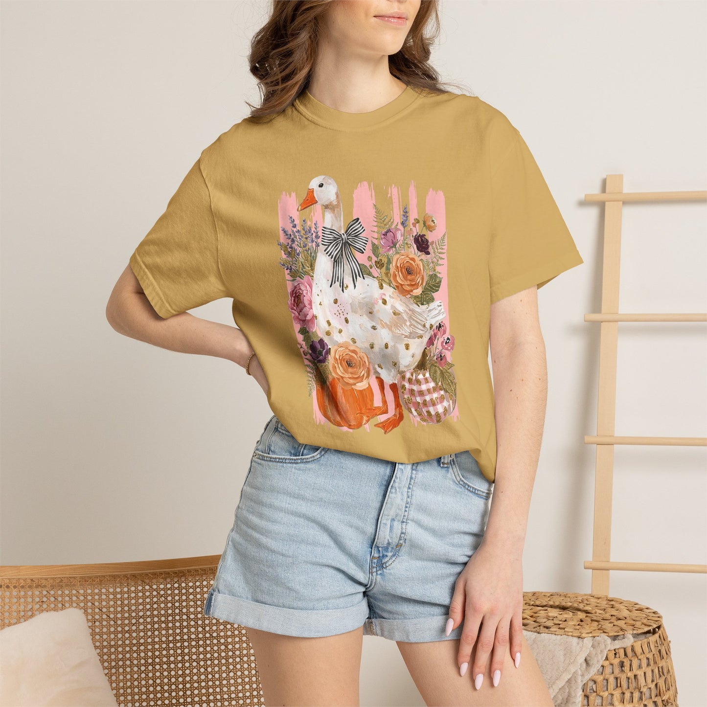Autumn Farmyard Goose T-Shirt — Pumpkin & Floral Fall Tee