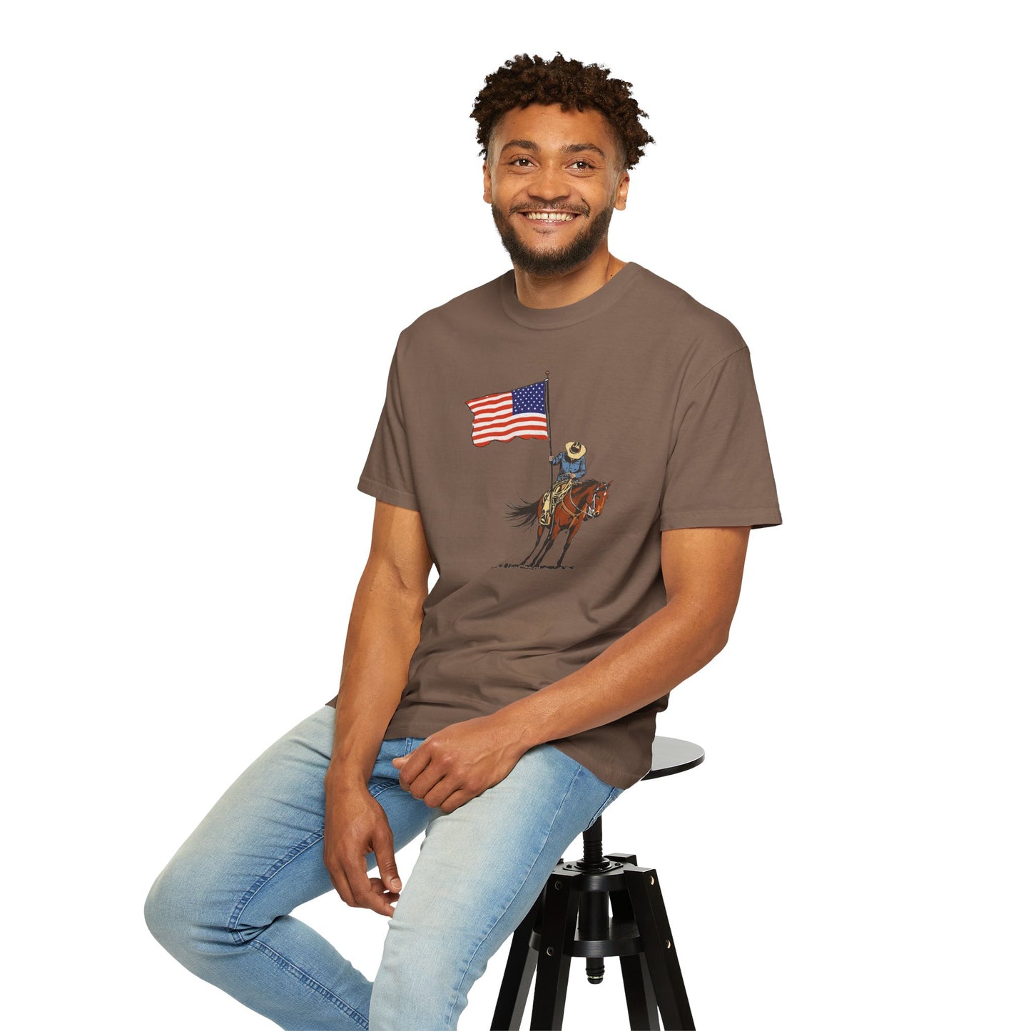 Patriotic Cowboy on Horse T-Shirt – American Flag Western Tee