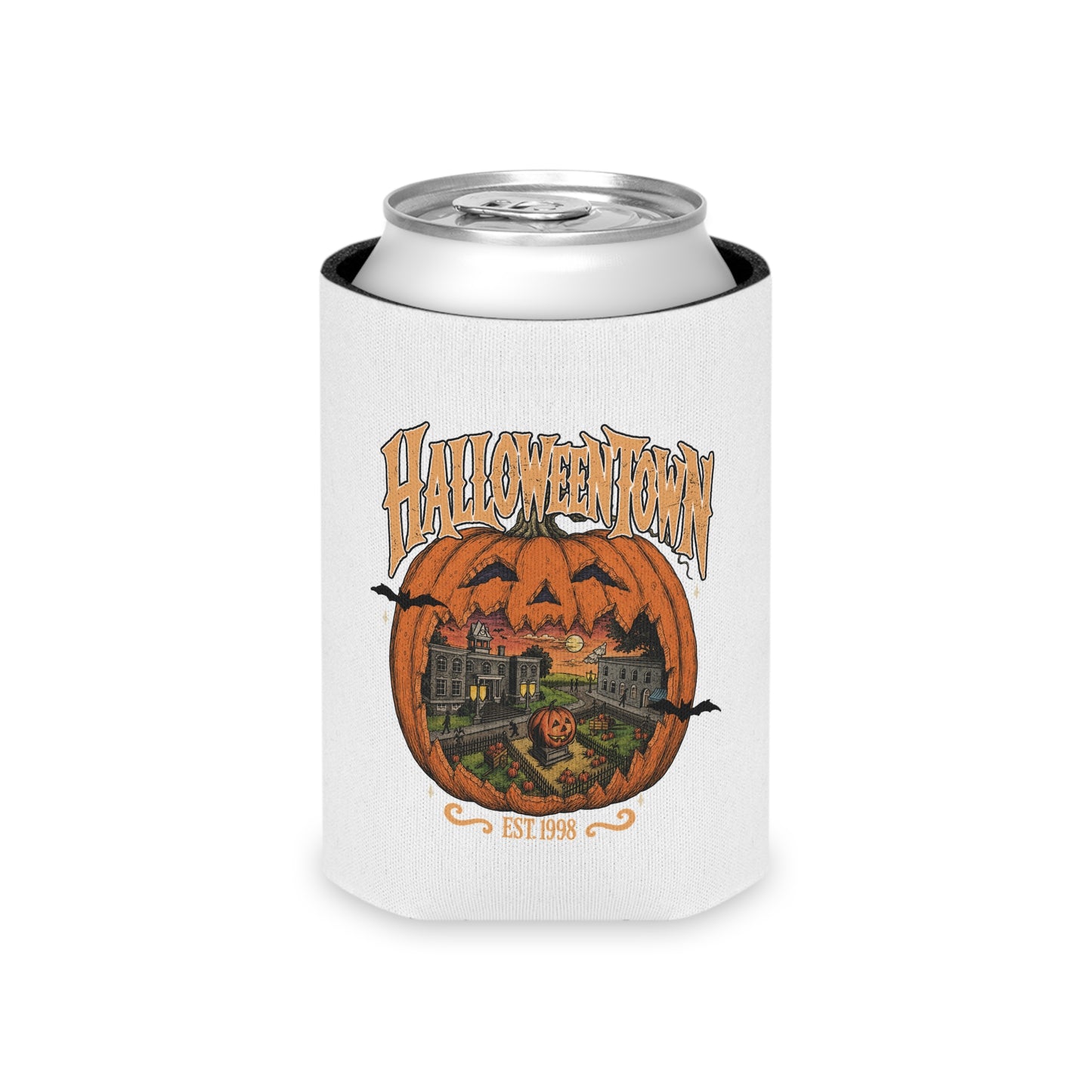 Halloween Town Can Cooler – Retro Pumpkin Village Beverage Koozie (Est. 1998)